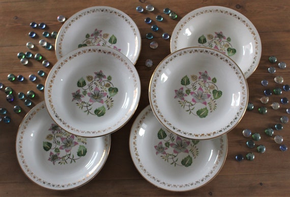 6 hollow PLATES in l'Amandinoise Porcelain, Vintage, floral decoration