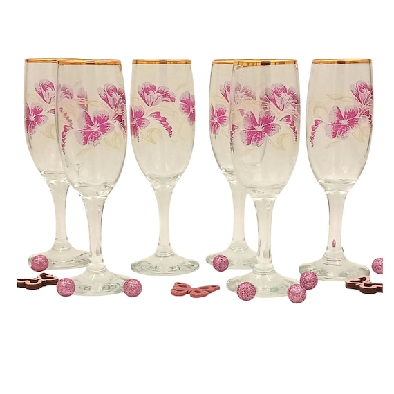 6 vintage champagne flutes in glass with vintage purple flower pattern