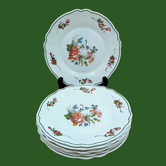 6 French opaline dessert plates, Arcopal, RONSARD motif