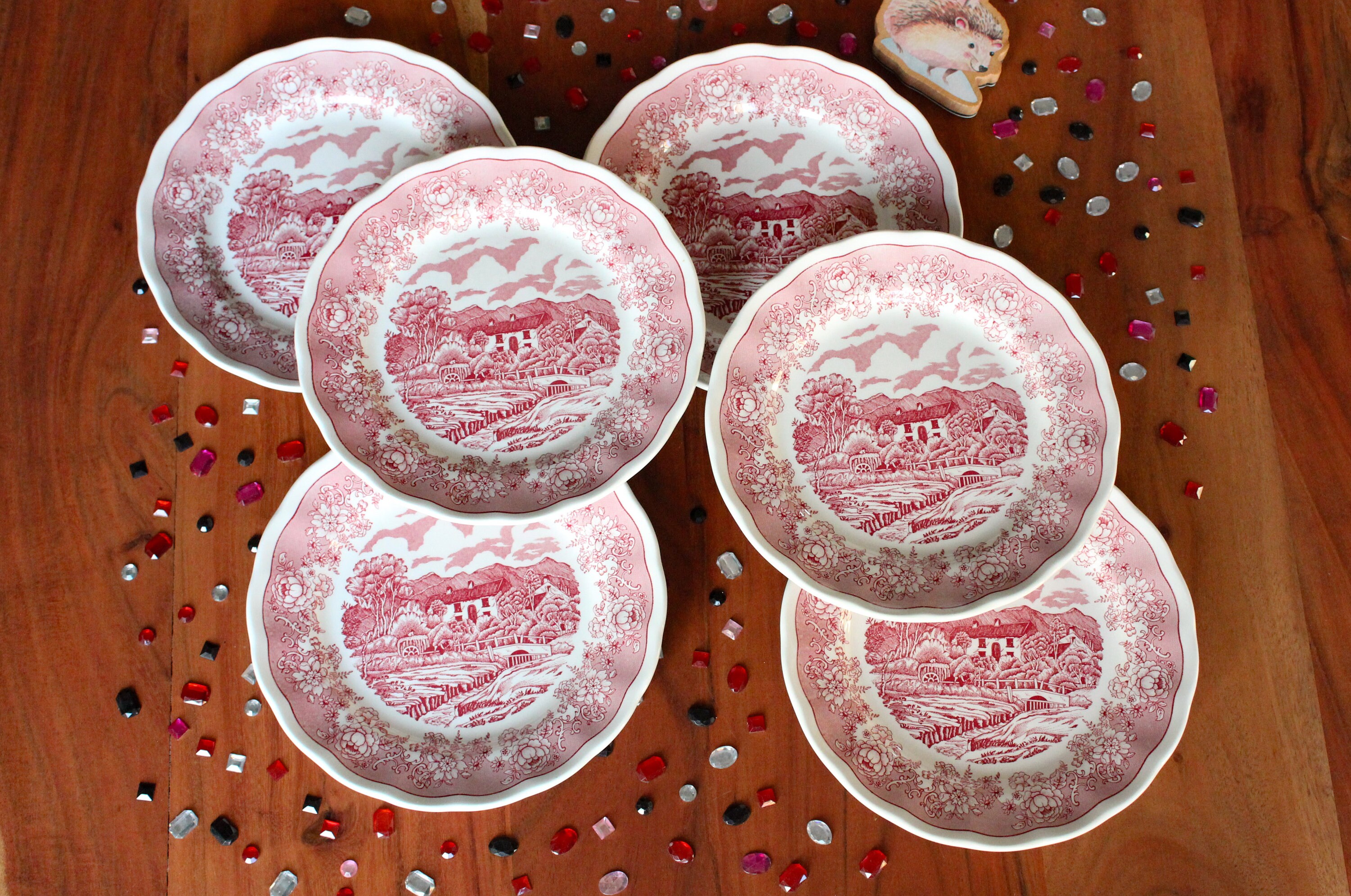 6 Assiettes Creuses en Porcelaine Monochrome Vintage, Made in Italie Style Staffordshire