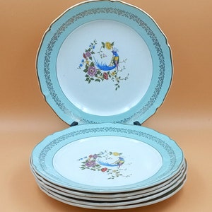 6 ASSIETTES plates françaises vintage, porcelaine Céranord Saint-Amand, Phoenix sur une branche fleurie image 1