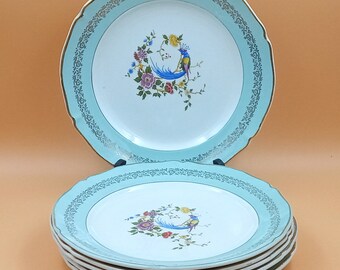 6 vintage French flat PLATES, Céranord Saint-Amand porcelain, Phoenix on a flowering branch