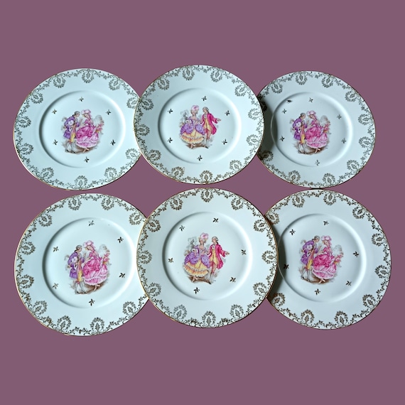 6 porcelain dessert plates with gallant scene motif, Limoges Porcelain LP Haute époque model