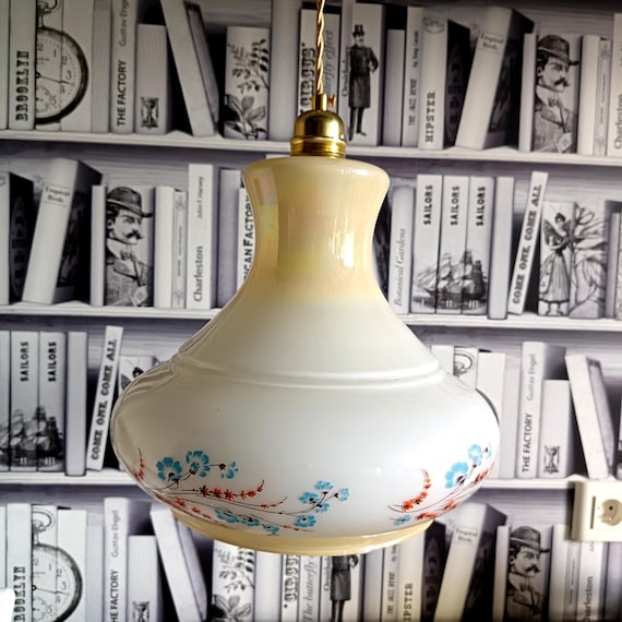 Vintage opaline glass pendant light, multicolored floral pattern, 1960s, SYLVIE pendant light