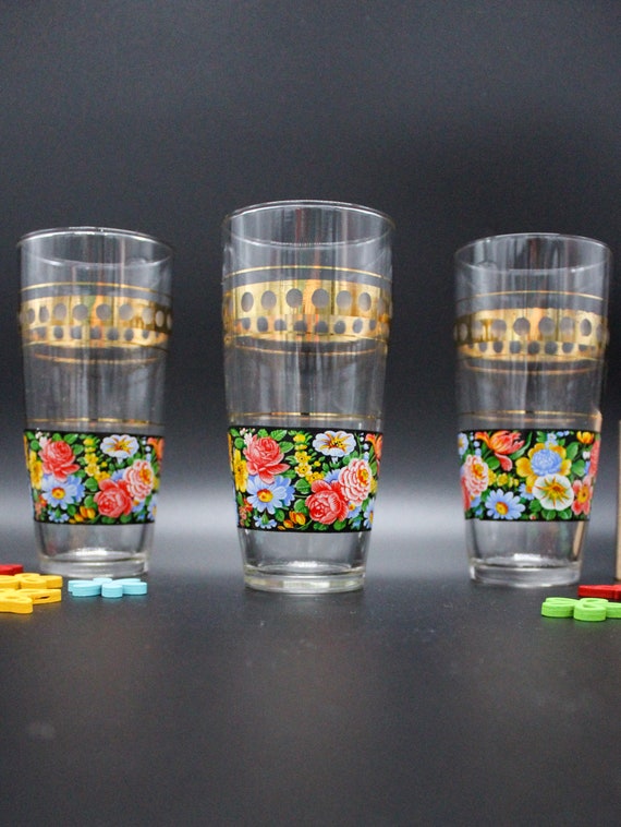 Trio of tall illustrated glasses, vintage French boho style