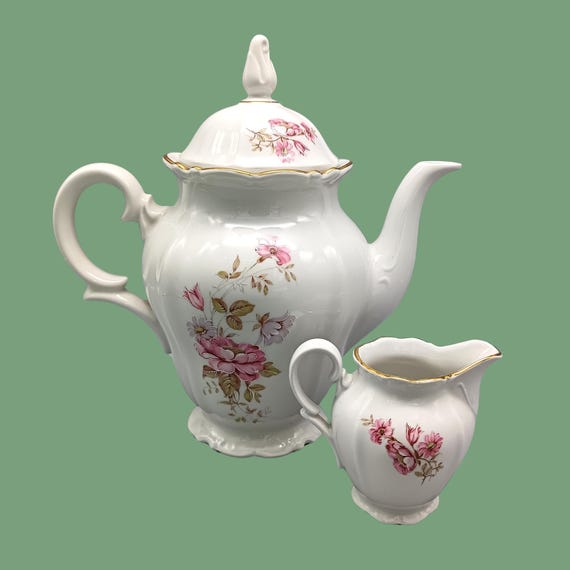 Vintage coffee pot and creamer with pink flower decor Manifattura Porcellane Royal CP Italy