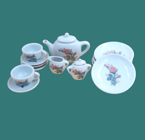 Miniature porcelain COFFEE service from the 90s, vintage children's tea set with flower decor