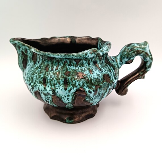 Small ceramic PITCHER Sars pottery Maine vintage black turquoise