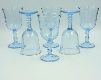 6 jolies VERRES à pied verre bleu clair vintage, 2 tailles