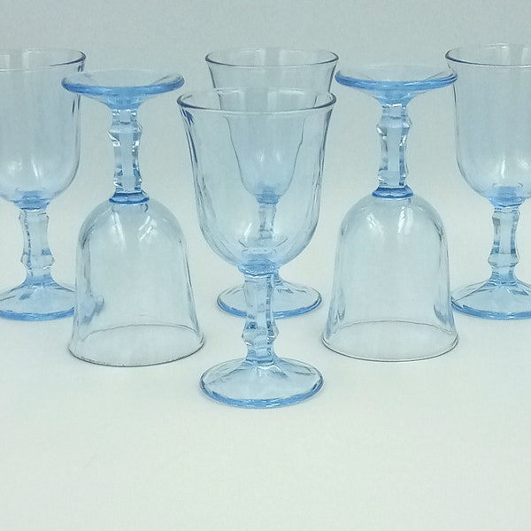 6 jolies VERRES à pied verre bleu clair vintage, 2 tailles