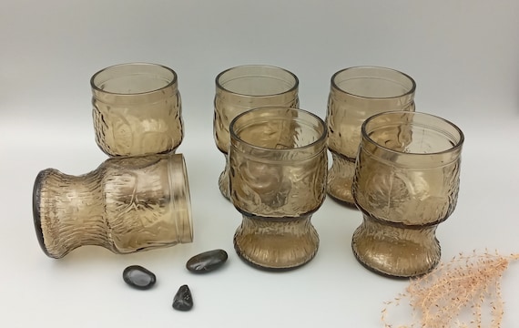 6 vintage GLASSES smoked glass FIDENZA 1960, lemonade glasses, flower and fruit pattern in relief