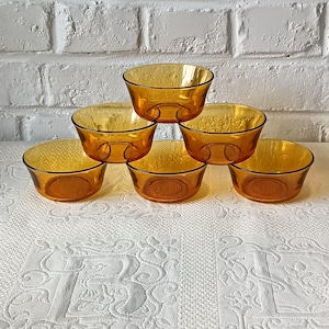 6 ciotole da dessert in vetro color ambra Vereco, vintage Francia