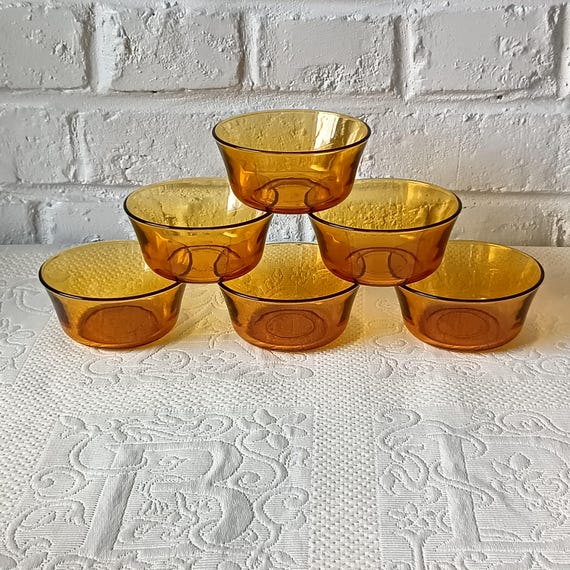 6 Vereco amber-colored glass dessert bowls, vintage France