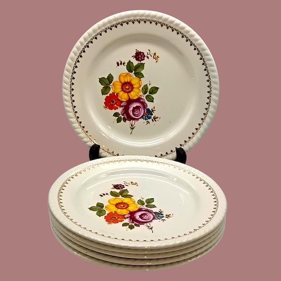 6 old flat plates Keller et Guerin (K&G) earthenware factory Lunéville France flower bouquet motif
