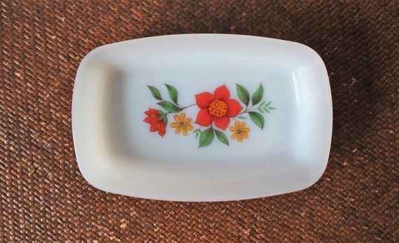 Vintage Arcopal butter dish, France 1970, opaline glass with floral decoration