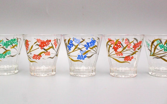 6 Liquor GLASSES in transparent glass with vintage floral pattern