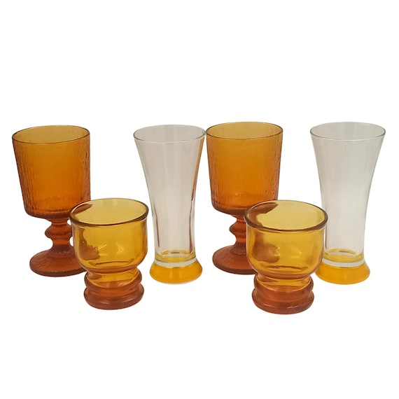 6 vintage assorted GLASSES, appetizer tray mix, vintage amber yellow color