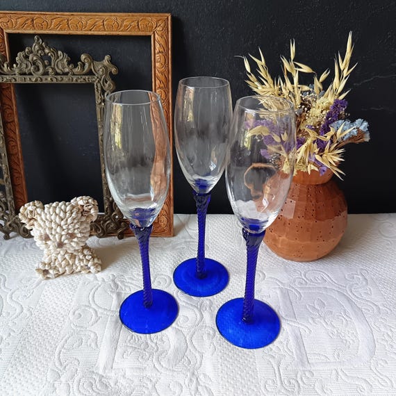 3 vintage champagne flutes in vintage cobalt blue colored glass, made in Portugal