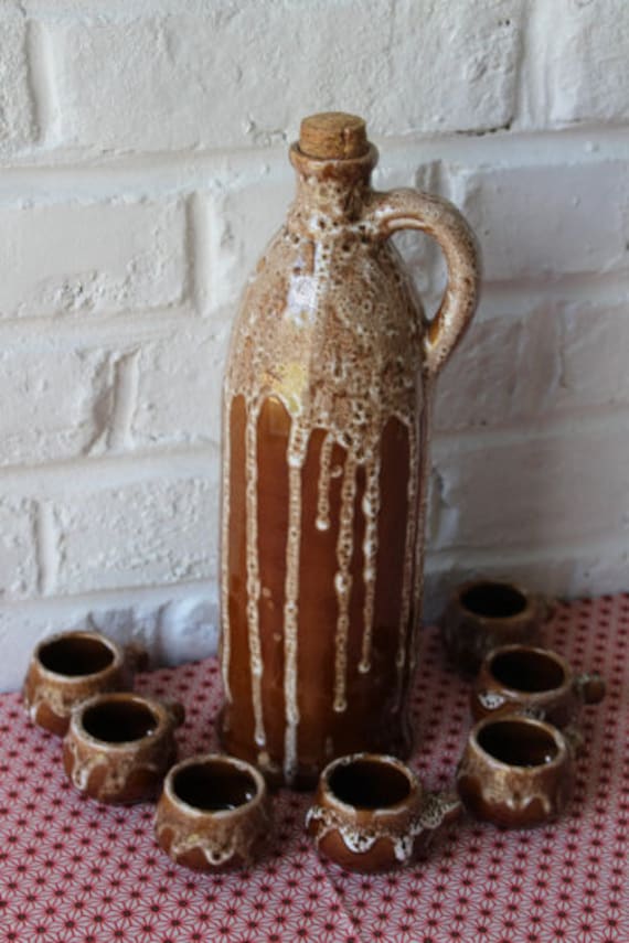 Vintage 1950s French ceramic liqueur set with 6 matching mini bowls