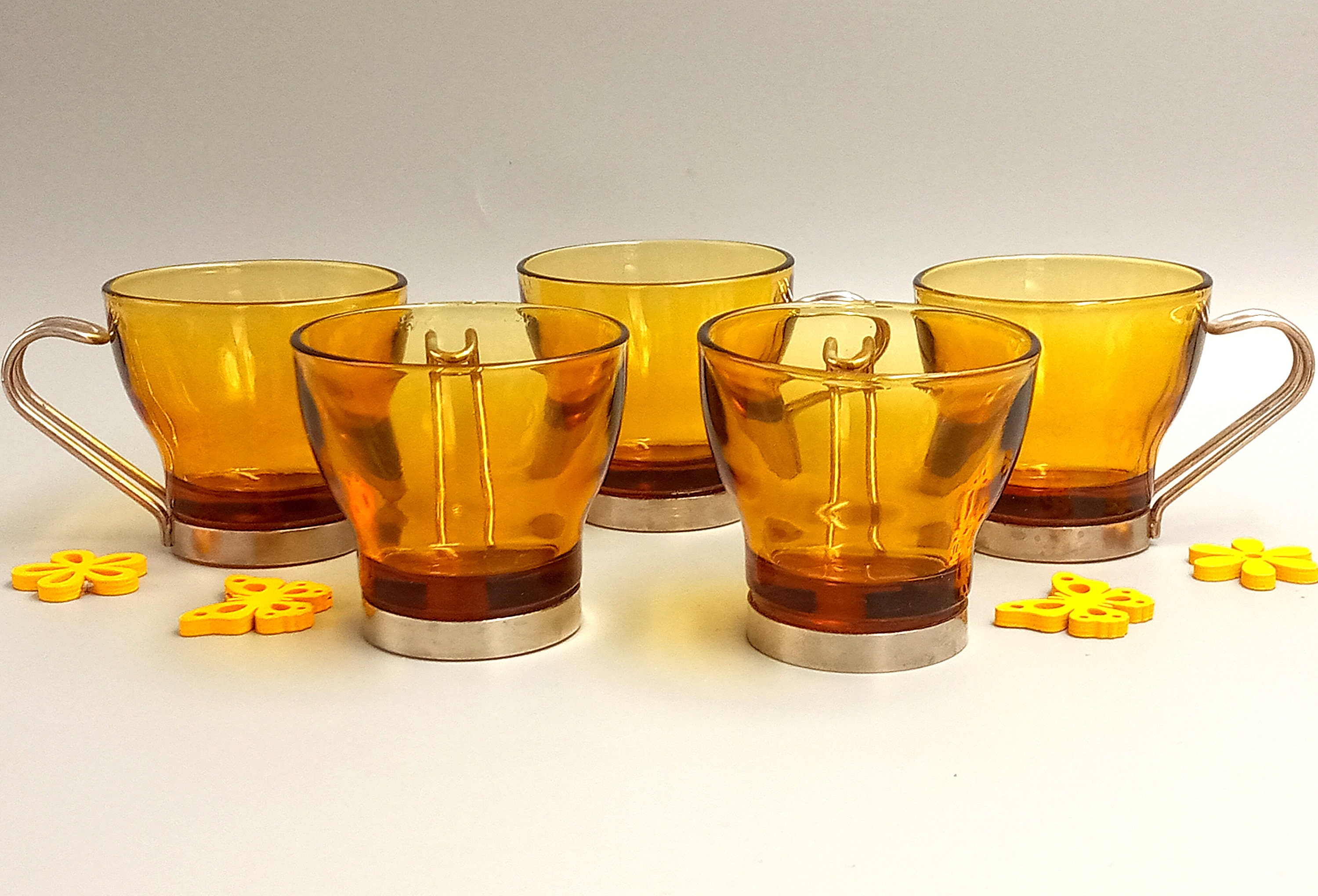 Six Amber Glass Espresso Cups With Metal Handles Faceted Gold