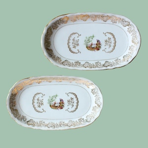 2 RAVIERS en porcelaine motif scène asiatique vintage Berry Haute compagnie nationale porcelaine