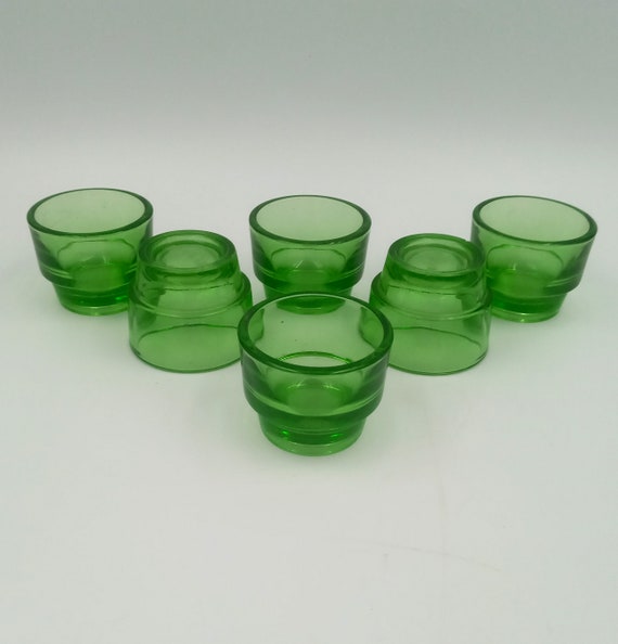 6 Vintage French Green Lever EGG GLASSES/CUP, Liqueur, Candle Holder