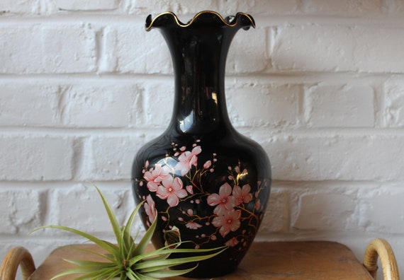 Large black opaline VASE with pink flower pattern, Italy 1970
