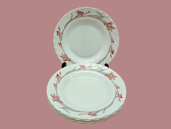 4 or 6 Arcopal France opaline hollow PLATES, cream color with pink iris pattern