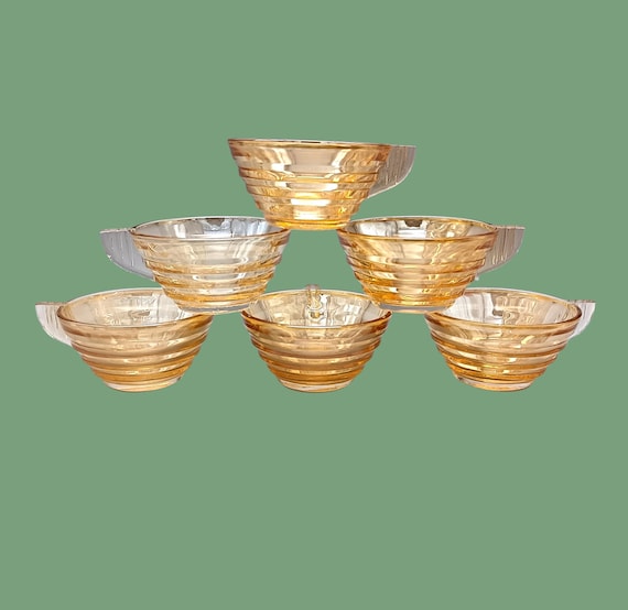 6 iridescent pink glass coffee CUPS, advertising object, Gondolo brand, vintage France