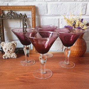 4 copas de cristal burbuja de color púrpura vintage con tallo