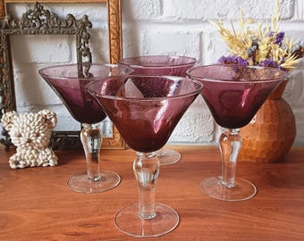 4 vintage purple bubble glass stemmed glasses