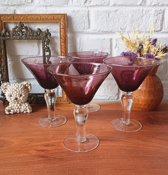 4 vintage purple bubble glass stemmed glasses