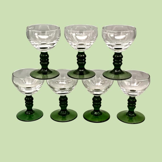 7 vintage rosé glasses with emerald green column foot 10 cl