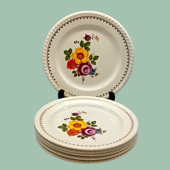 6 DESSERT PLATES, antique Keller et Guerin (K&G) earthenware factory, Lunéville, France, flower bouquet motif