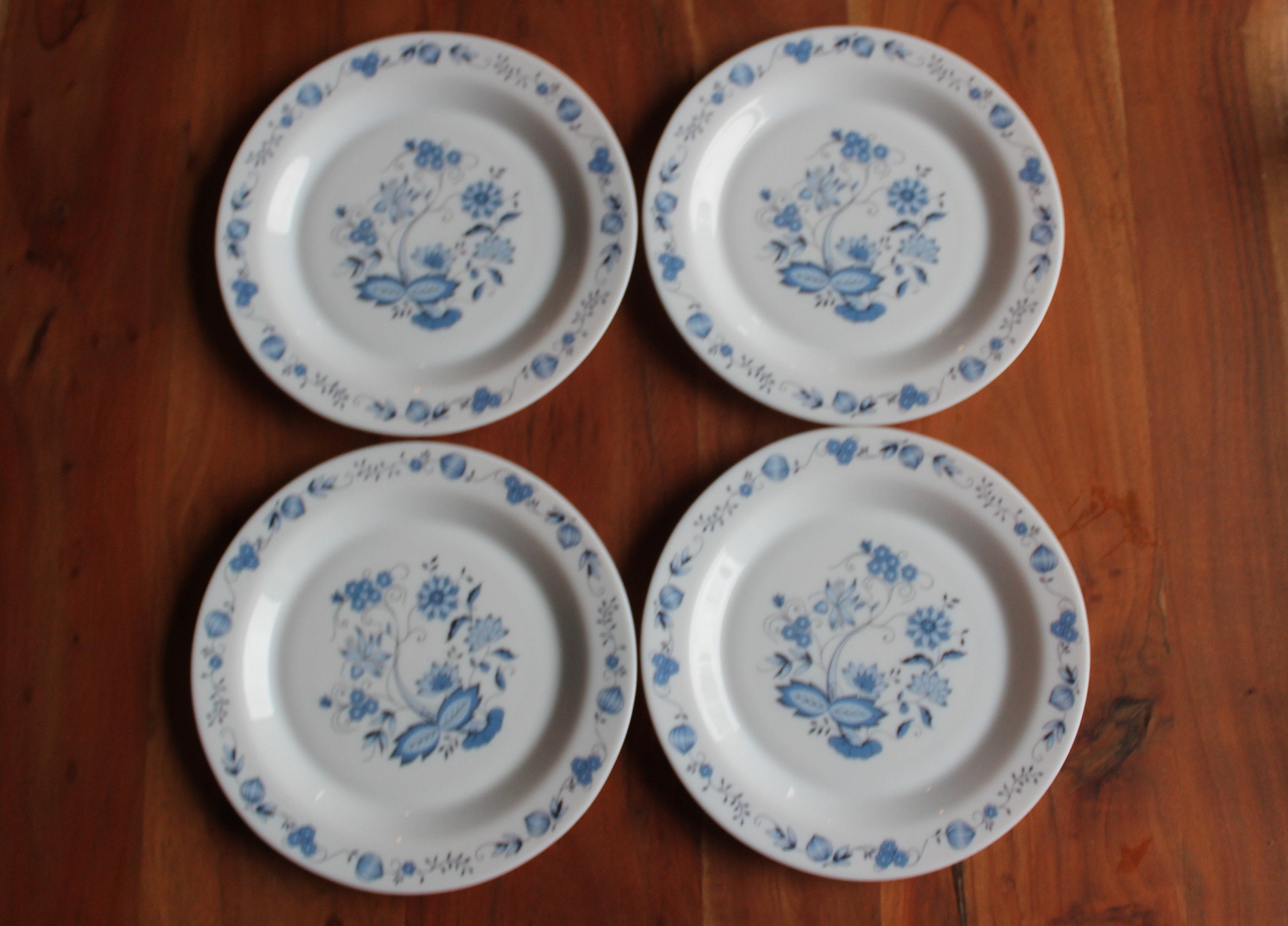 4 Assiettes Plates Arcopal en Opaline Blanche Décorée Bleu Motif Oignon Bleu