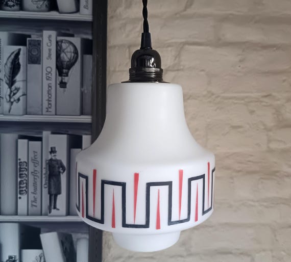 Vintage opaline glass pendant light, red and black geometric patterns, 1960s, CATHERINE Pendant Light