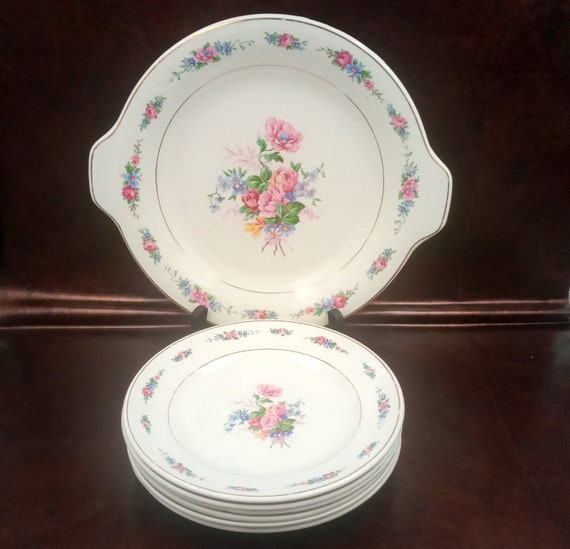 DISH, 6 PLATES and vintage pie SERVER, flower pattern Orchies Saint Amand France