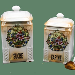 2 Art Deco spice jars victoria China Czechoslovakia, vintage, food boxes flour sugar