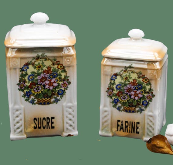 2 Art Deco spice jars victoria China Czechoslovakia, vintage, food boxes flour sugar