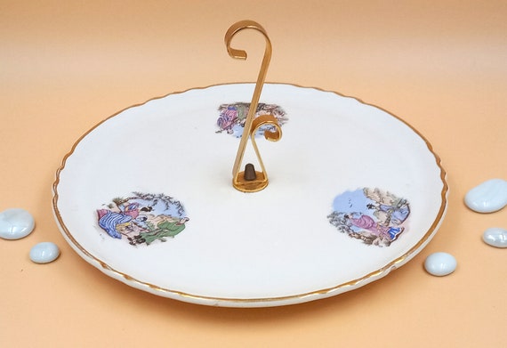 CHEESE TRAY earthenware Asian scene decor, serving dish with golden handle