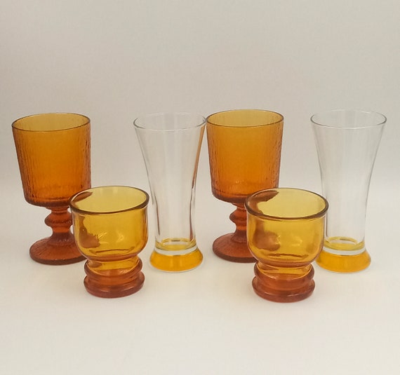 6 assorted vintage GLASSES, aperitif tray mix, colorful vintage amber yellow