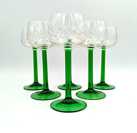 5 elegant emerald green stemmed GLASSES, cut glass, white wine France