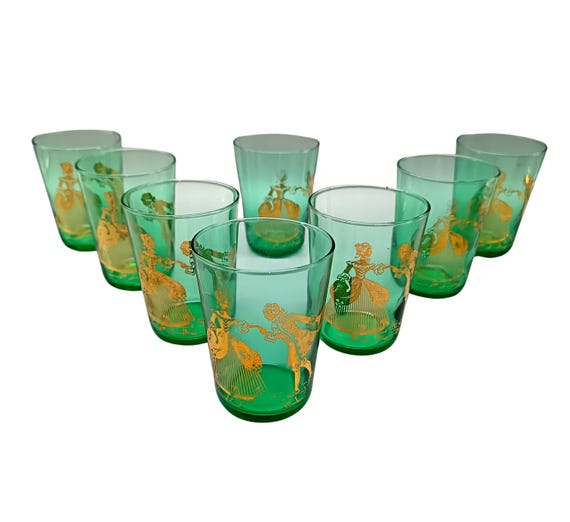 8 GLASSES emerald green and gold vintage France couple