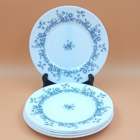 5 French opaline dessert plates, ARCOPAL, blue Glenwood pattern