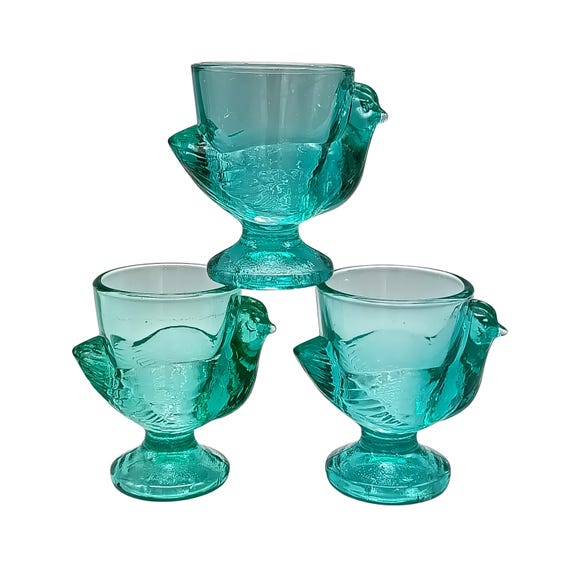 3 VINTAGE French egg cups, turquoise glass, hen shape, Luminarc