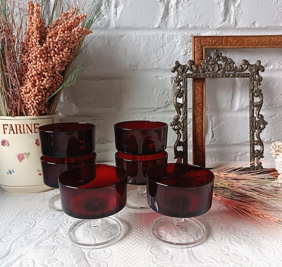6 RUBY RED FOOTED CUPS, Cavalier Luminarc France, vintage 70s