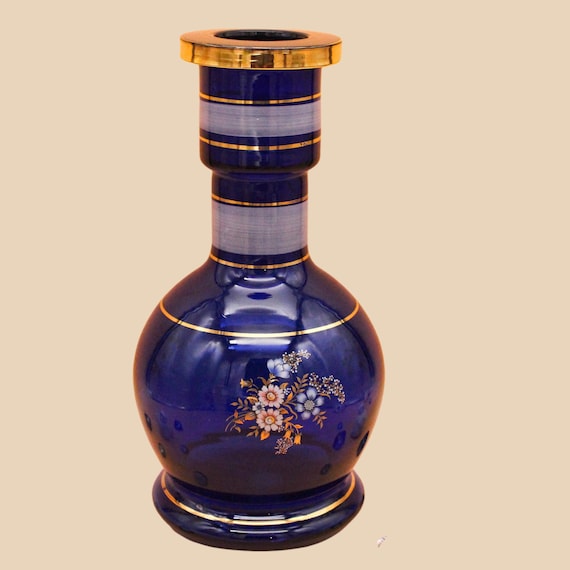 Large vintage cobalt blue gold glass ball VASE circa 1950