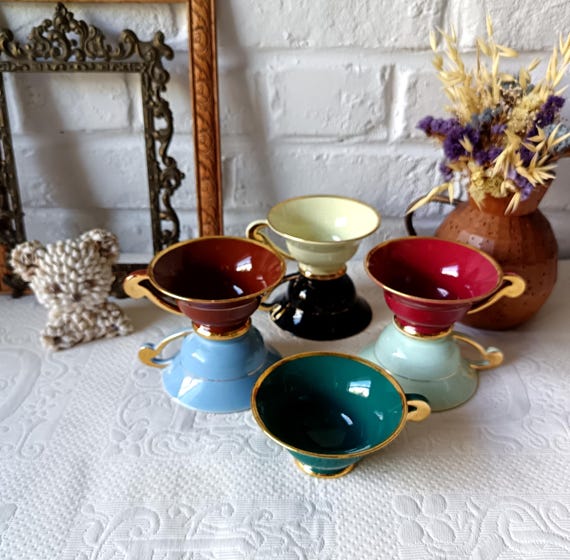 7 multicolored ceramic cups, vintage harlequin teacup