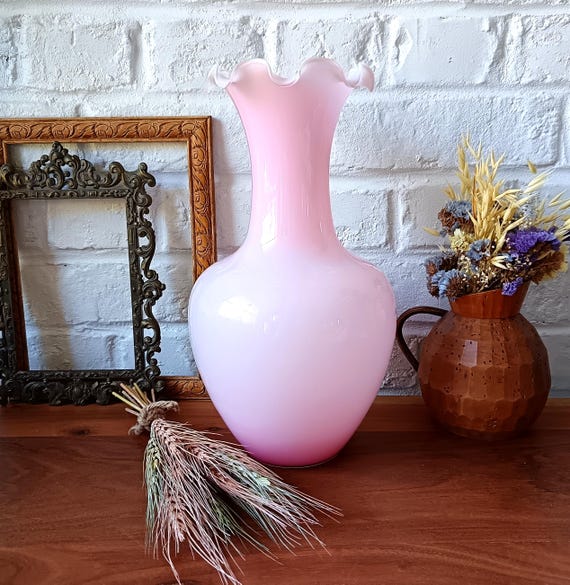 Stunning light pink opaline vase with a wavy swan neck