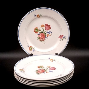 5 or 6 vintage French flat PLATES, semi-porcelain Orchies Saint-Amand, flowers